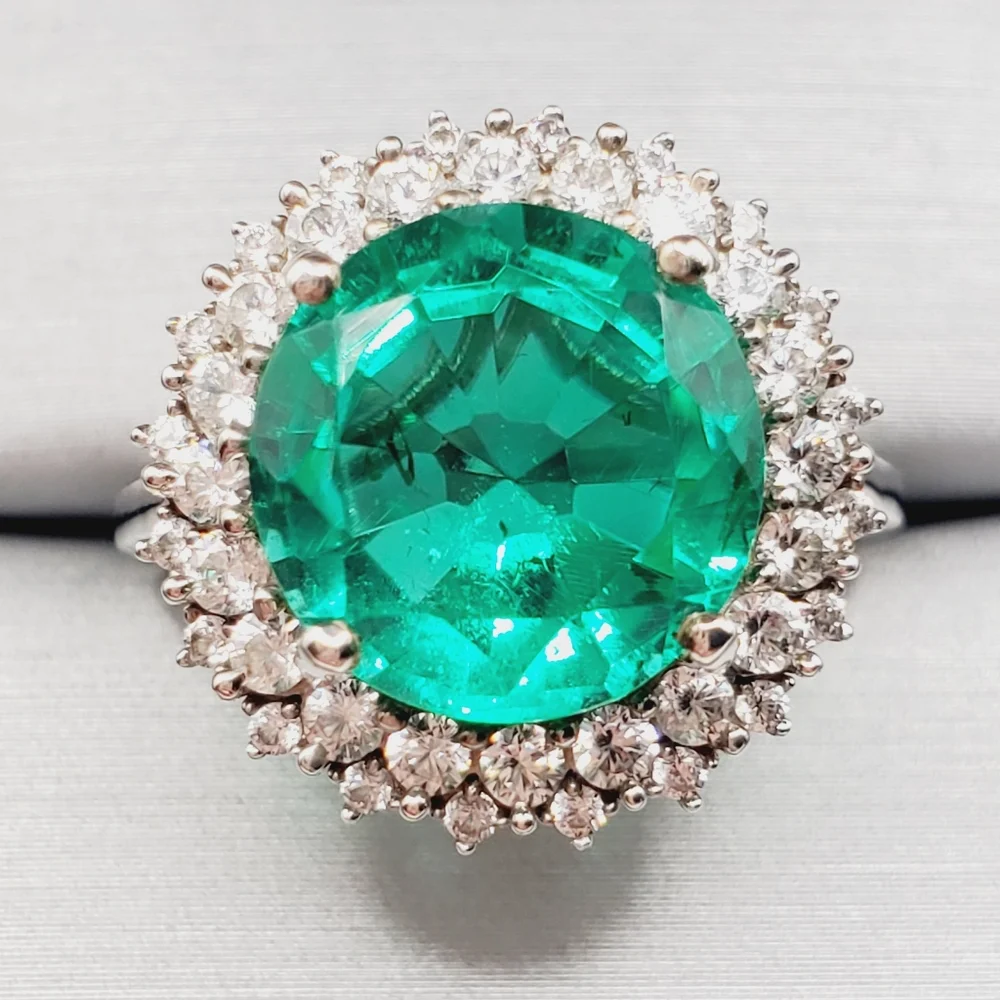 Emerald Green Quartz & White Zircon Halo Ring Platinum - 925 Sterling Silver